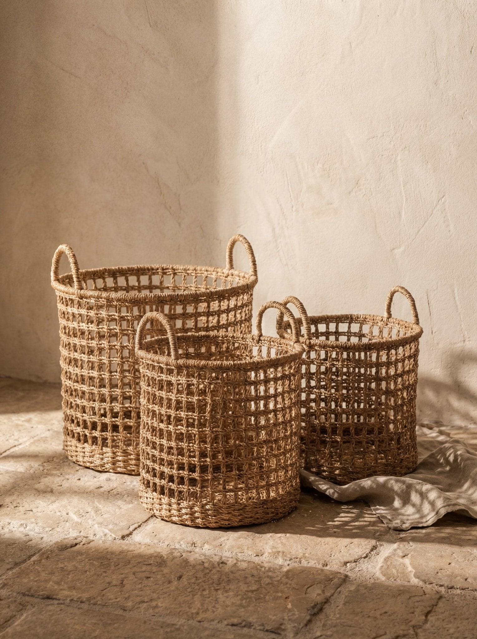 Open Weave Storage Baskets with Handles — Set of 3 Ember Collective