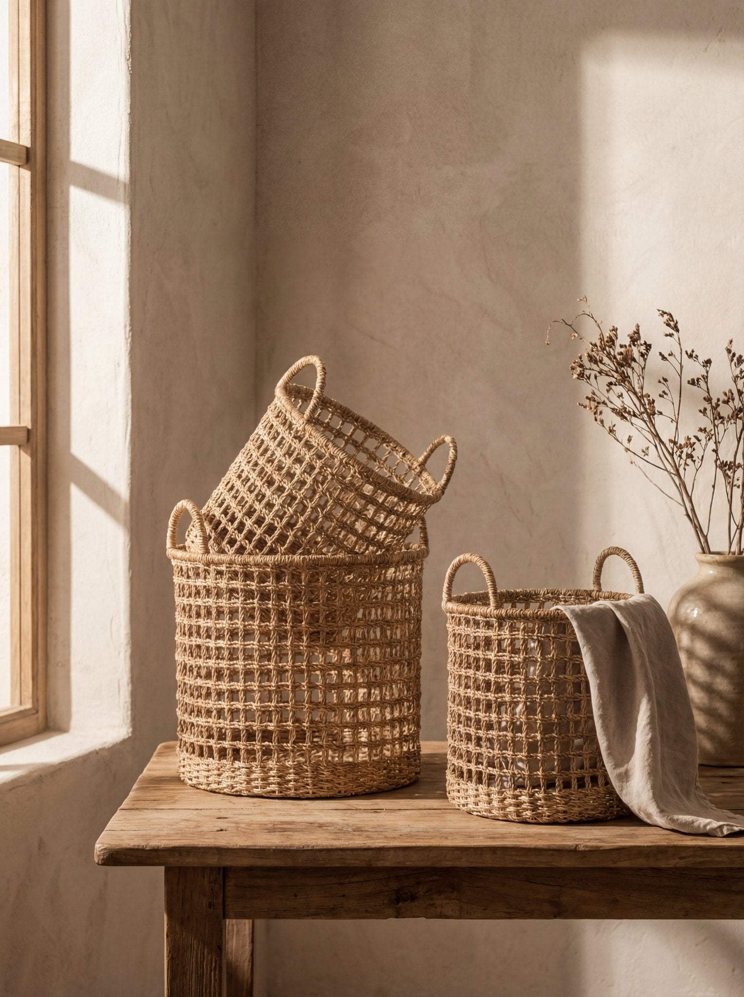 Open Weave Storage Baskets with Handles — Set of 3 Ember Collective