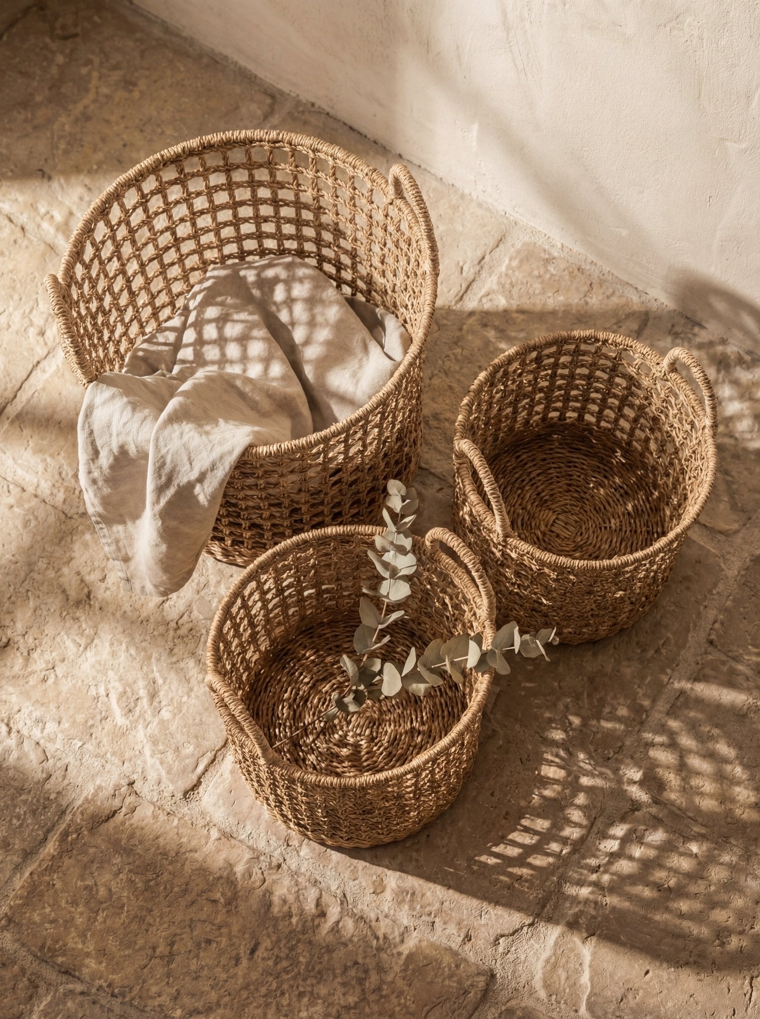 Open Weave Storage Baskets with Handles — Set of 3 Ember Collective