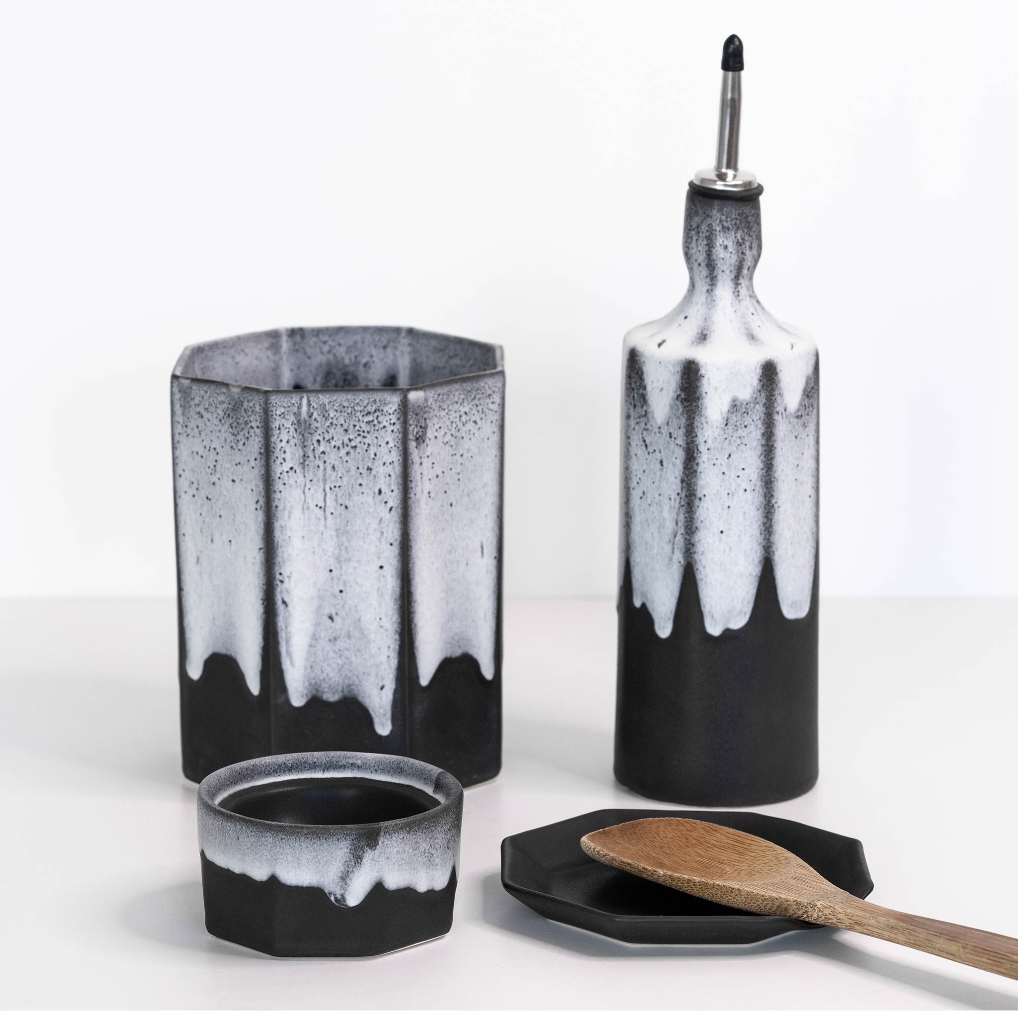 Ceramic Olive Oil Dispenser Bottle + Utensil Crock + Salt Cellar + Spoon Rest The Bright Angle
